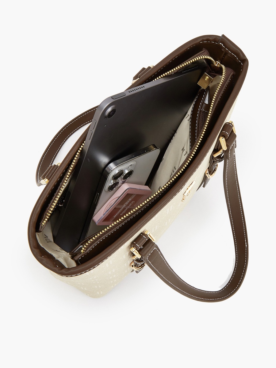 Monogram Print Tote Bag With Zip Closure