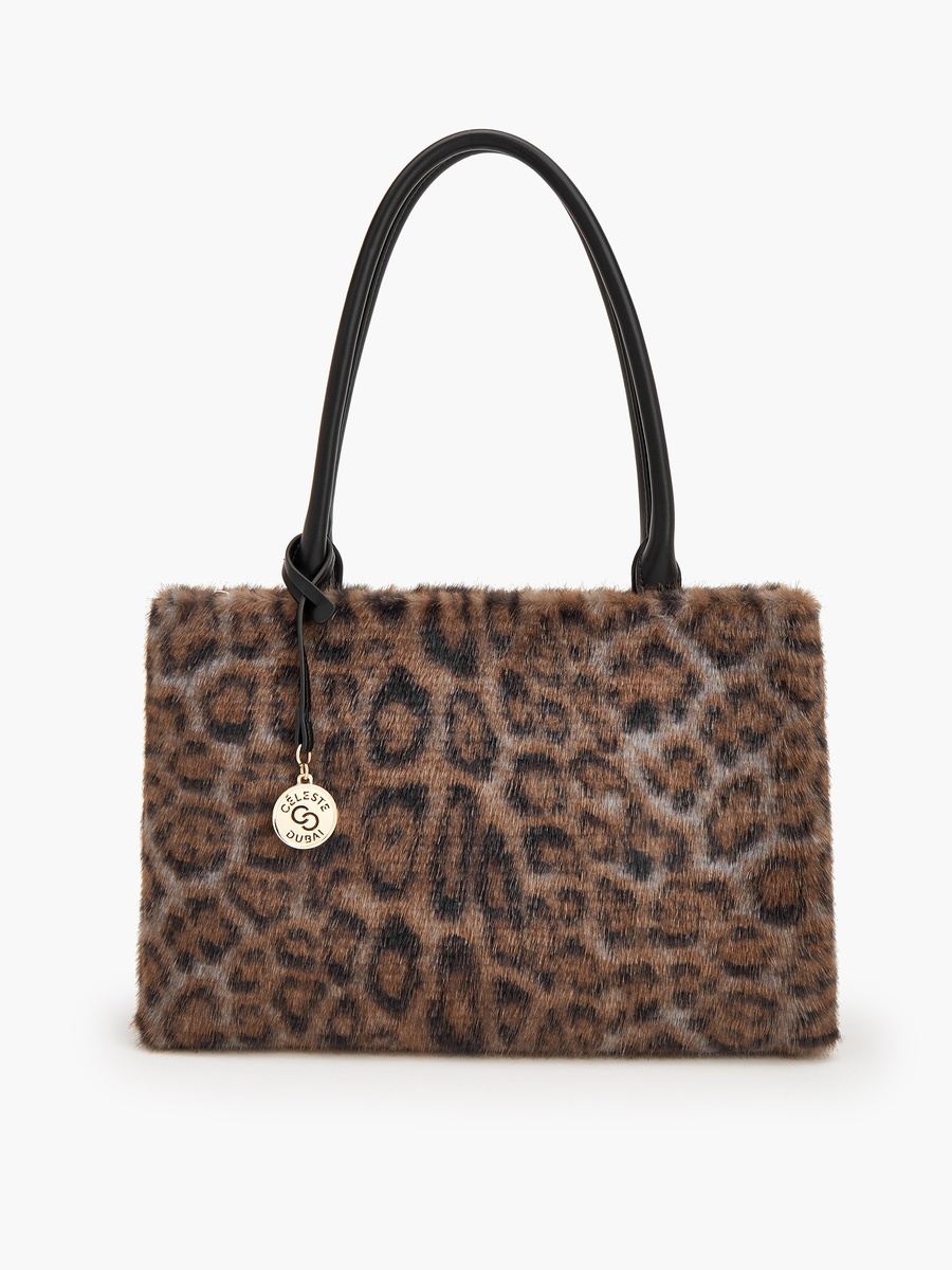 Animal Print Faux Fur Tote Bag With Zip Closure