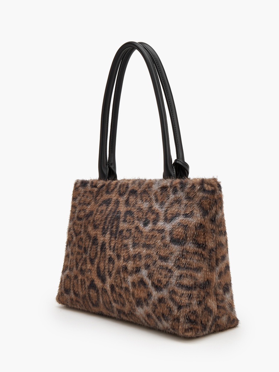Animal Print Faux Fur Tote Bag With Zip Closure