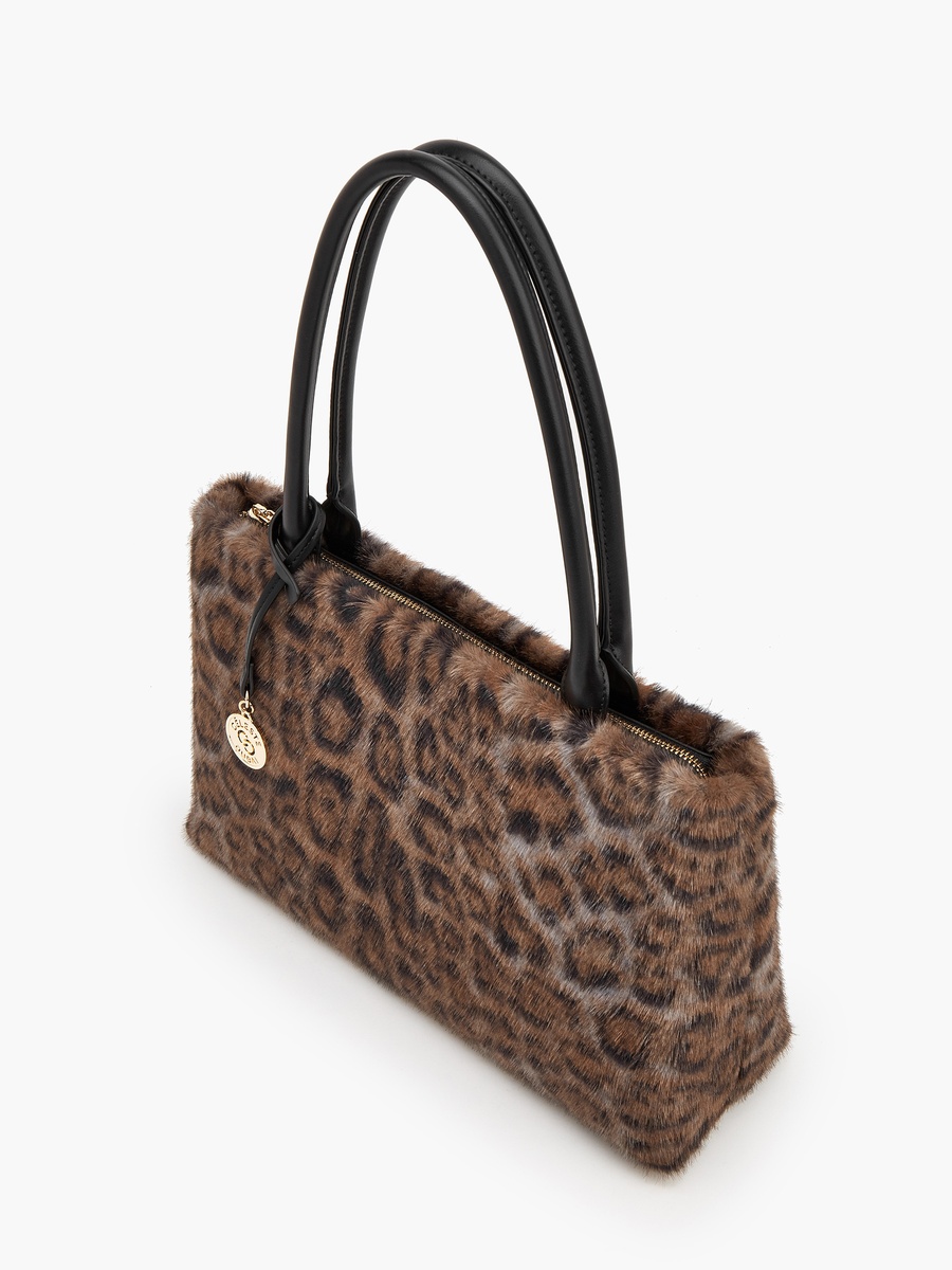 Animal Print Faux Fur Tote Bag With Zip Closure