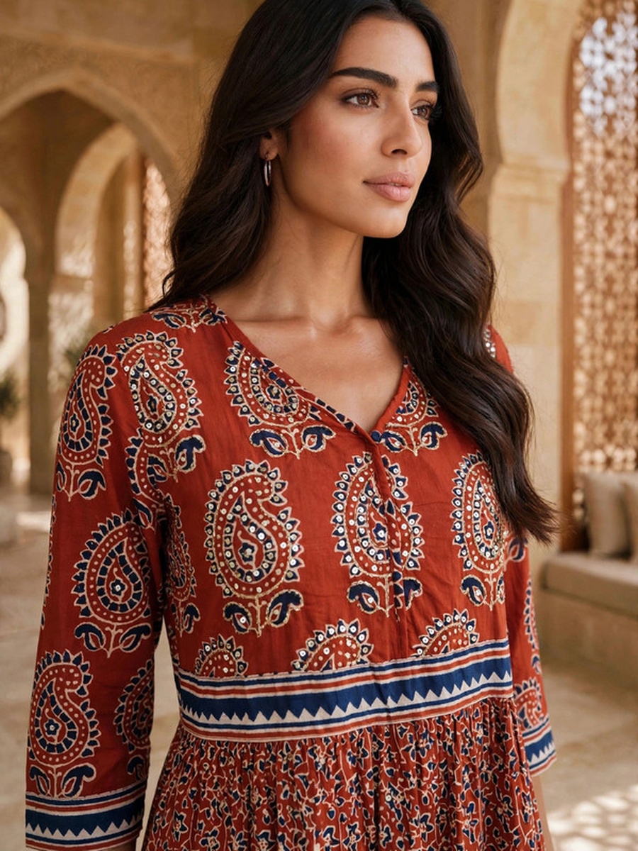 Ethnic Paisley Print Long Sleeve Jalabiya