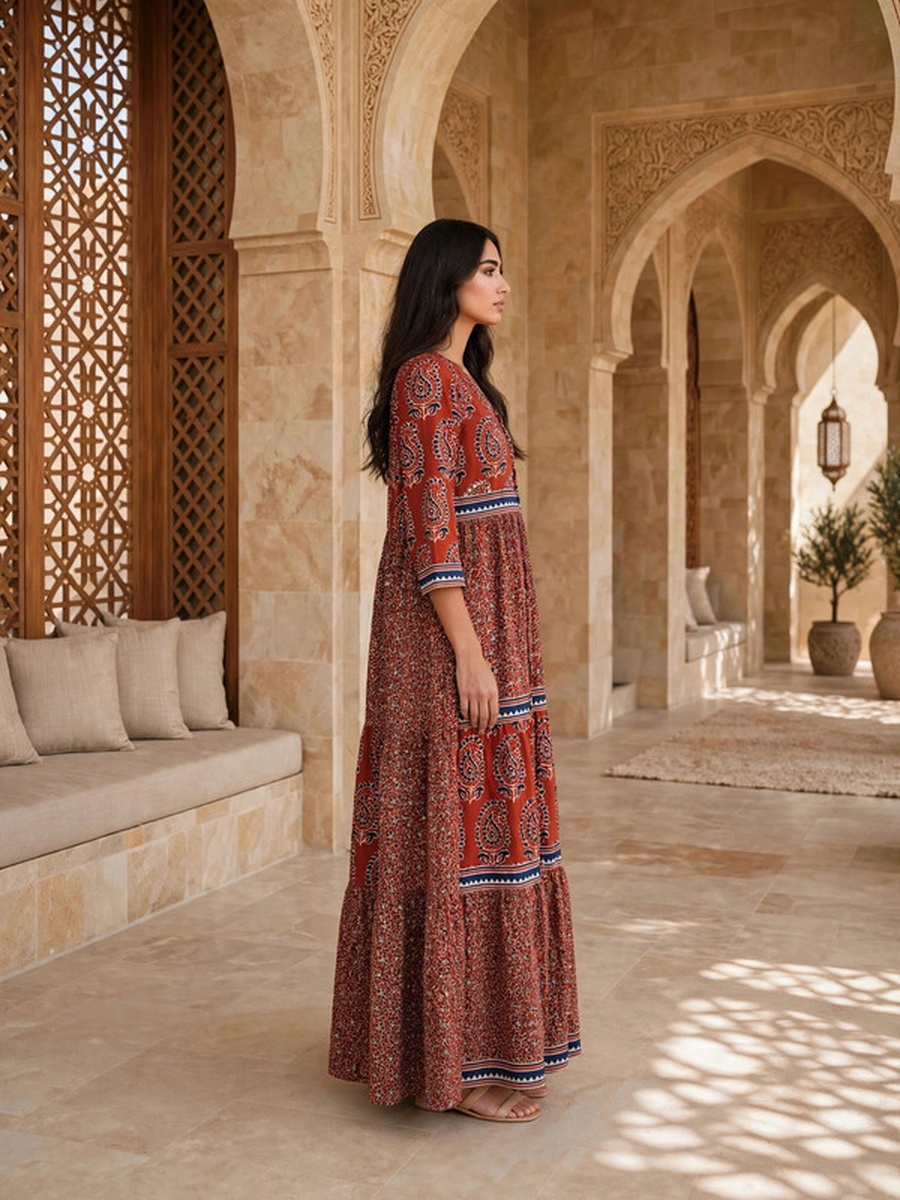 Ethnic Paisley Print Long Sleeve Jalabiya