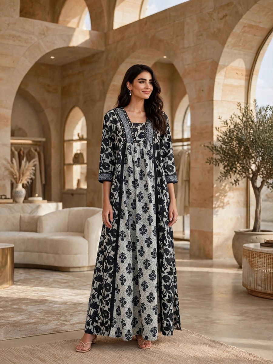 Printed Long Sleeve Maxi Jalabiya with Yoke Detail