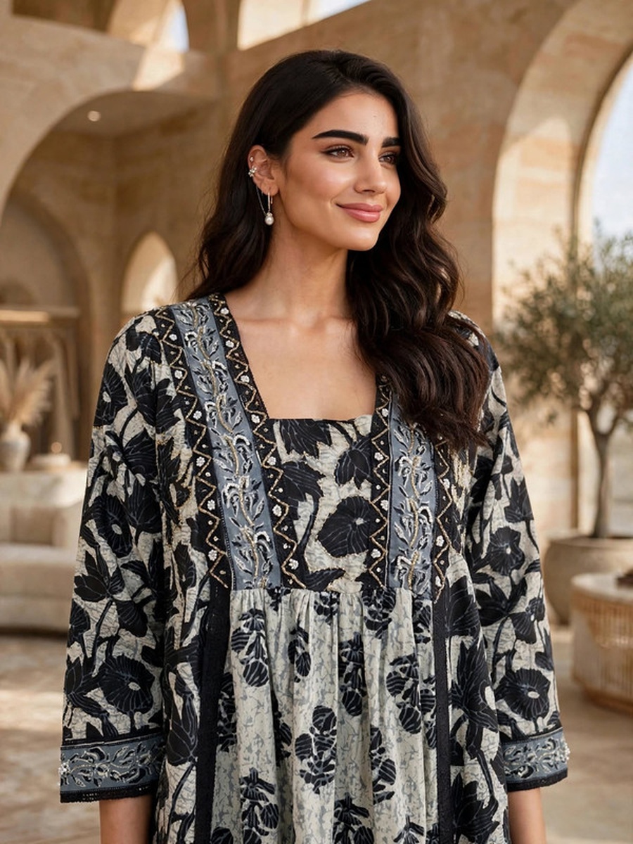 Printed Long Sleeve Maxi Jalabiya with Yoke Detail