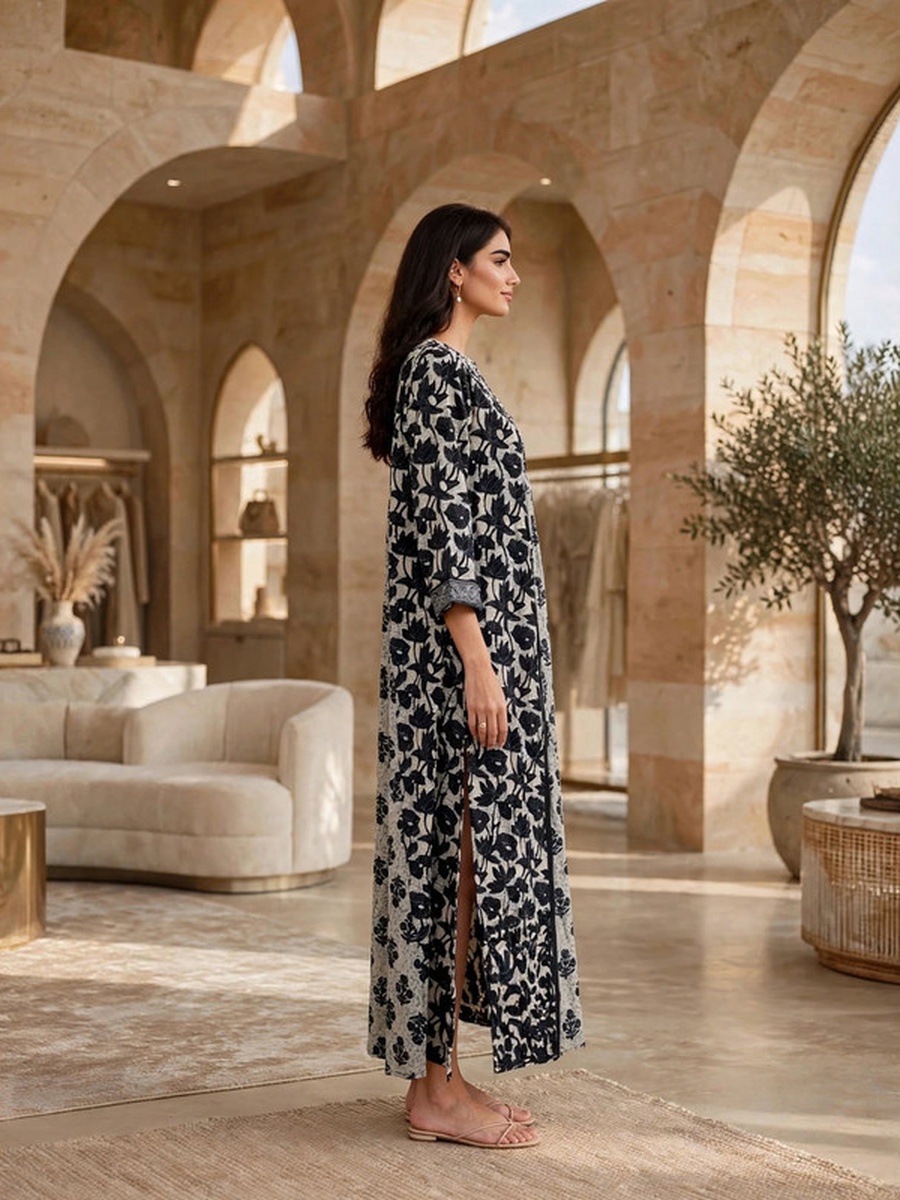 Printed Long Sleeve Maxi Jalabiya with Yoke Detail