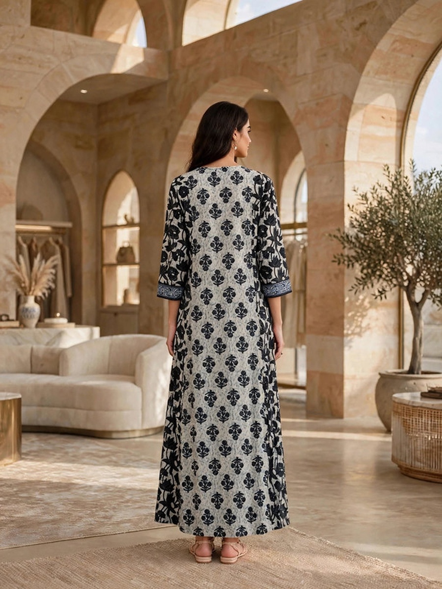 Printed Long Sleeve Maxi Jalabiya with Yoke Detail