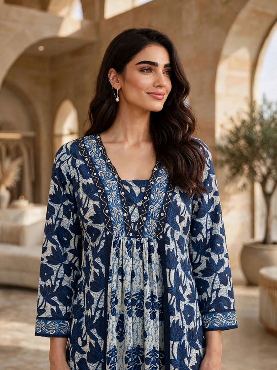 Printed Long Sleeve Maxi Jalabiya with Yoke Detail