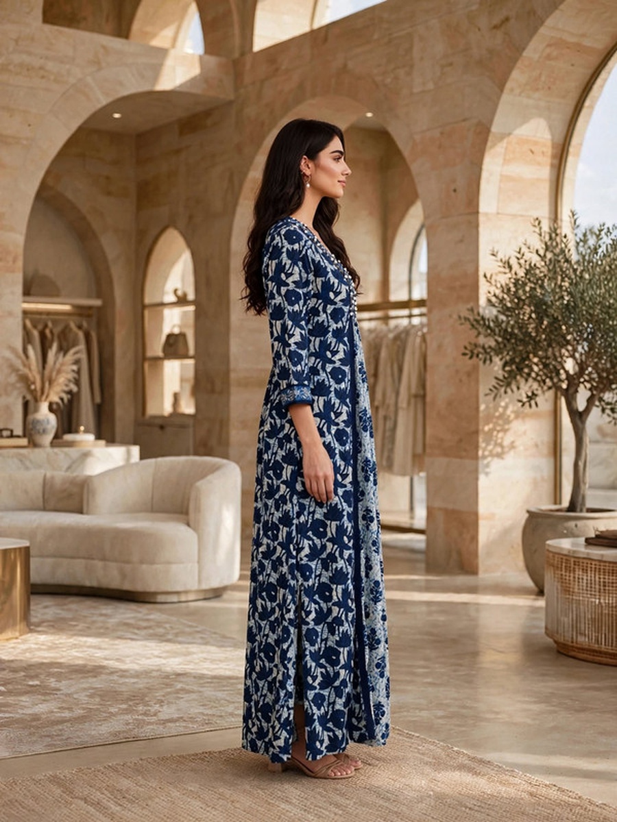 Printed Long Sleeve Maxi Jalabiya with Yoke Detail