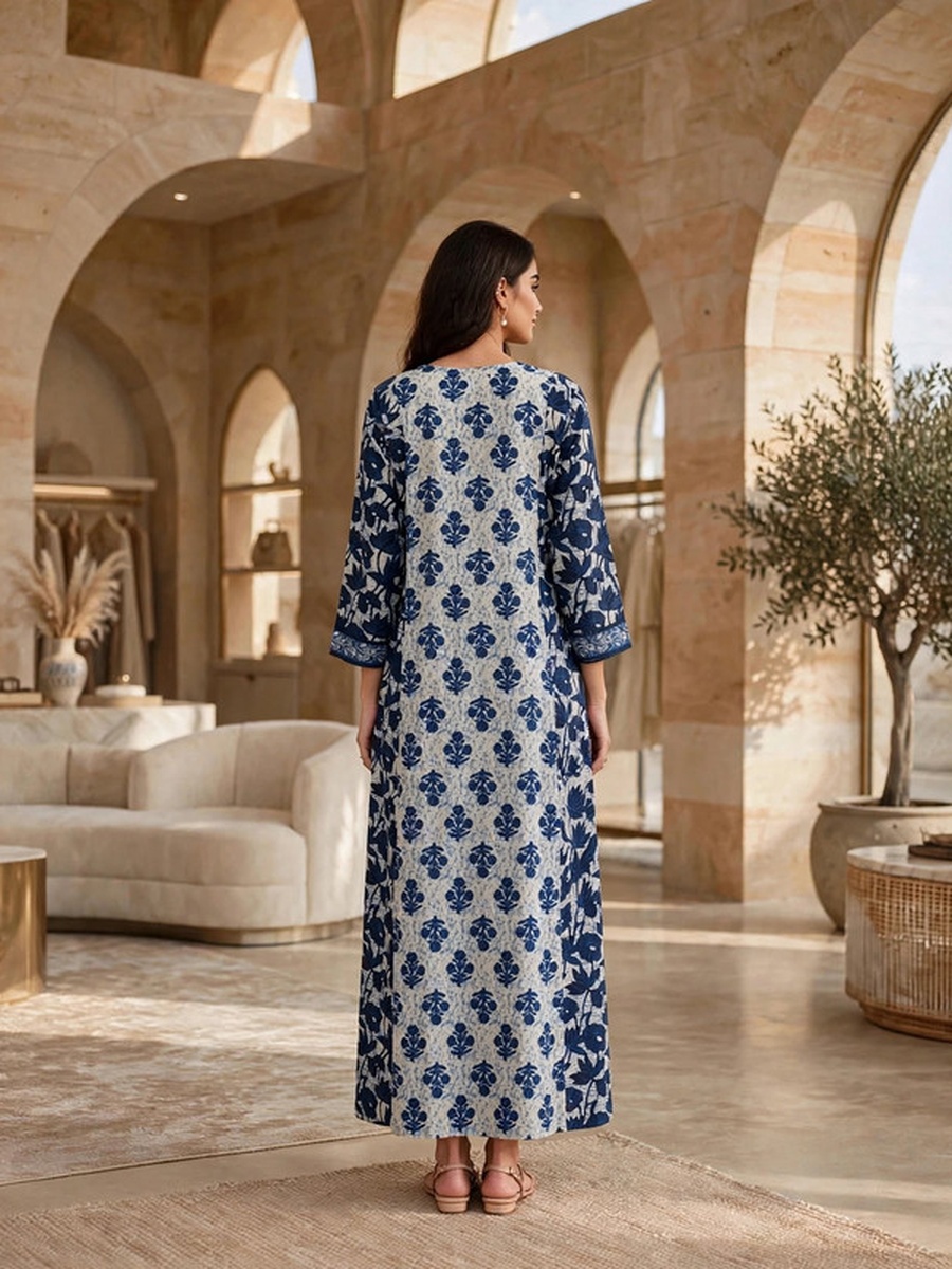Printed Long Sleeve Maxi Jalabiya with Yoke Detail