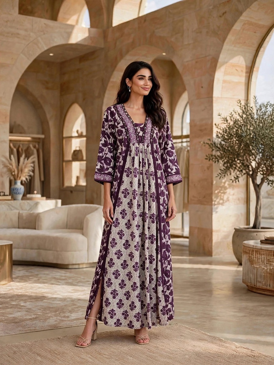 Floral Block Print Pleated Jalabiya