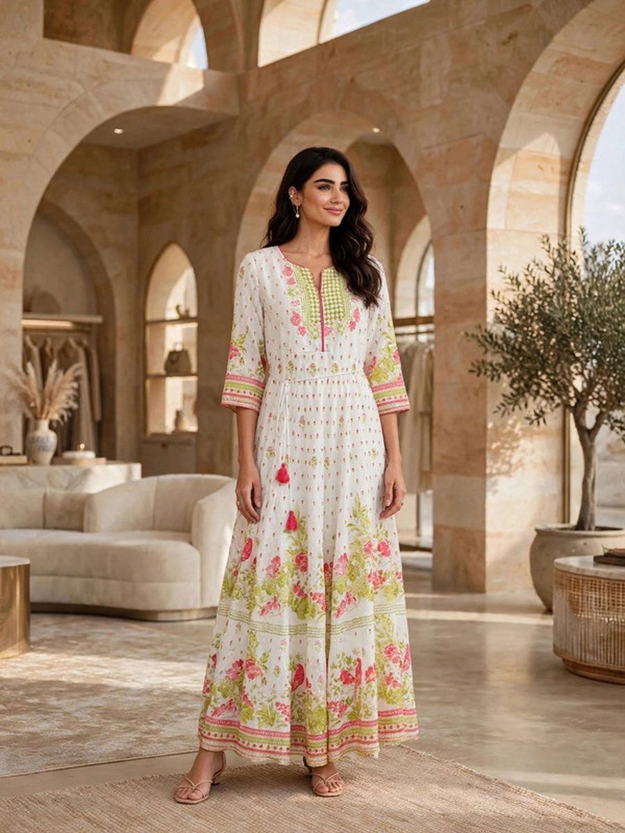 Embellished Floral Print Belted Jalabiya