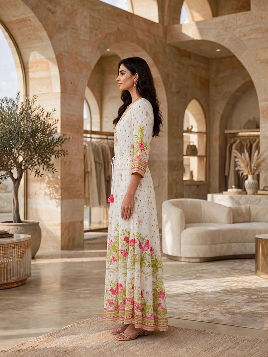 Embellished Floral Print Belted Jalabiya