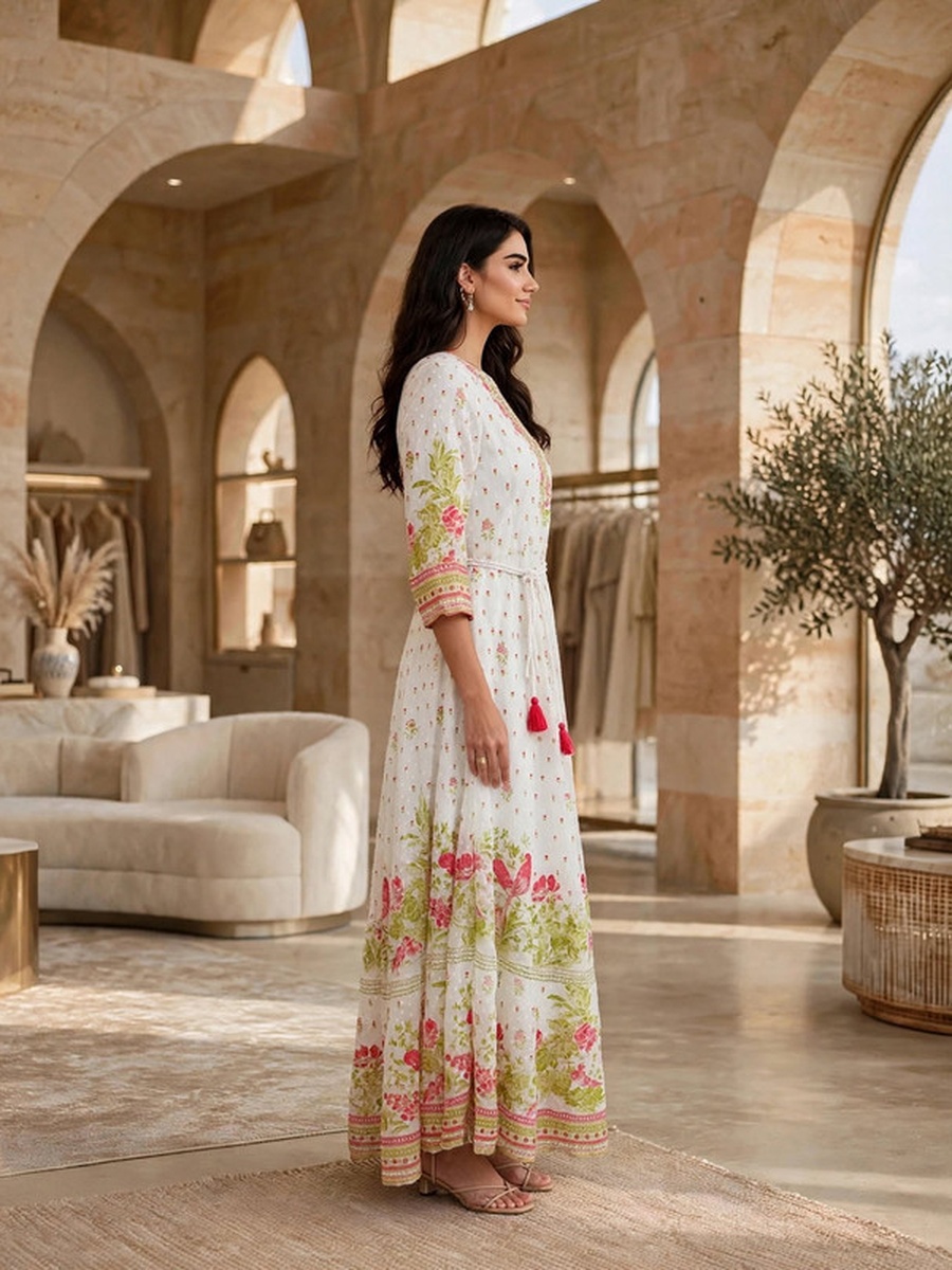 Embellished Floral Print Belted Jalabiya