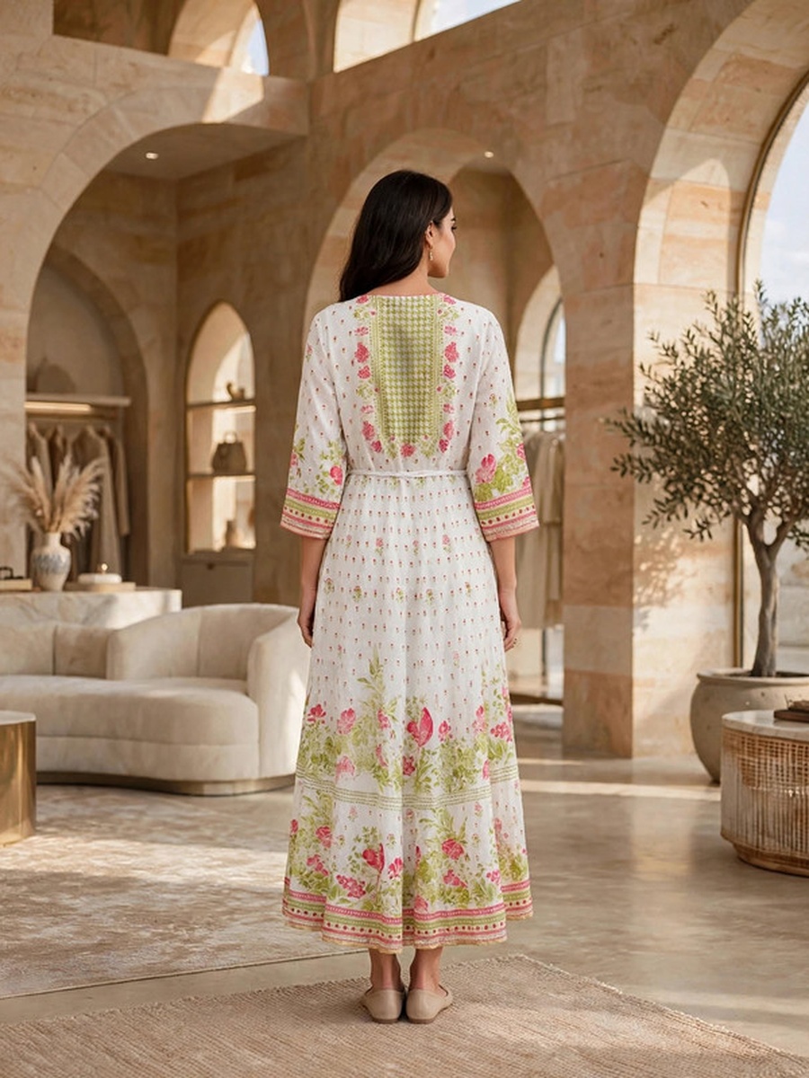 Embellished Floral Print Belted Jalabiya