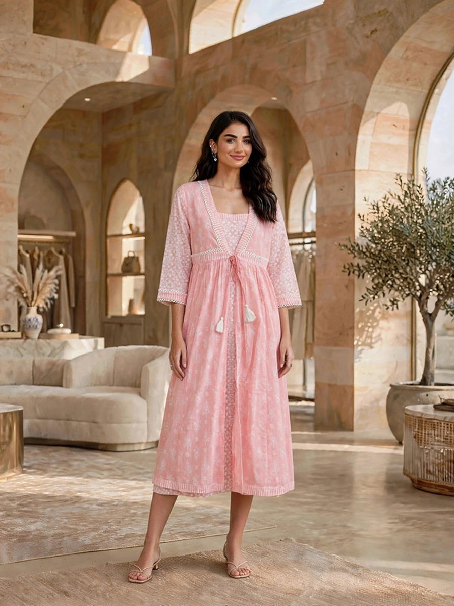 Geometric Print Front-Tie Layered Midi Dress