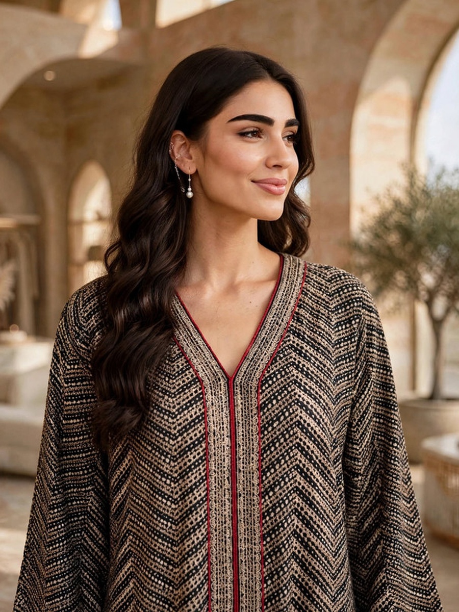 Sequined Textured V Neck Jalabiya