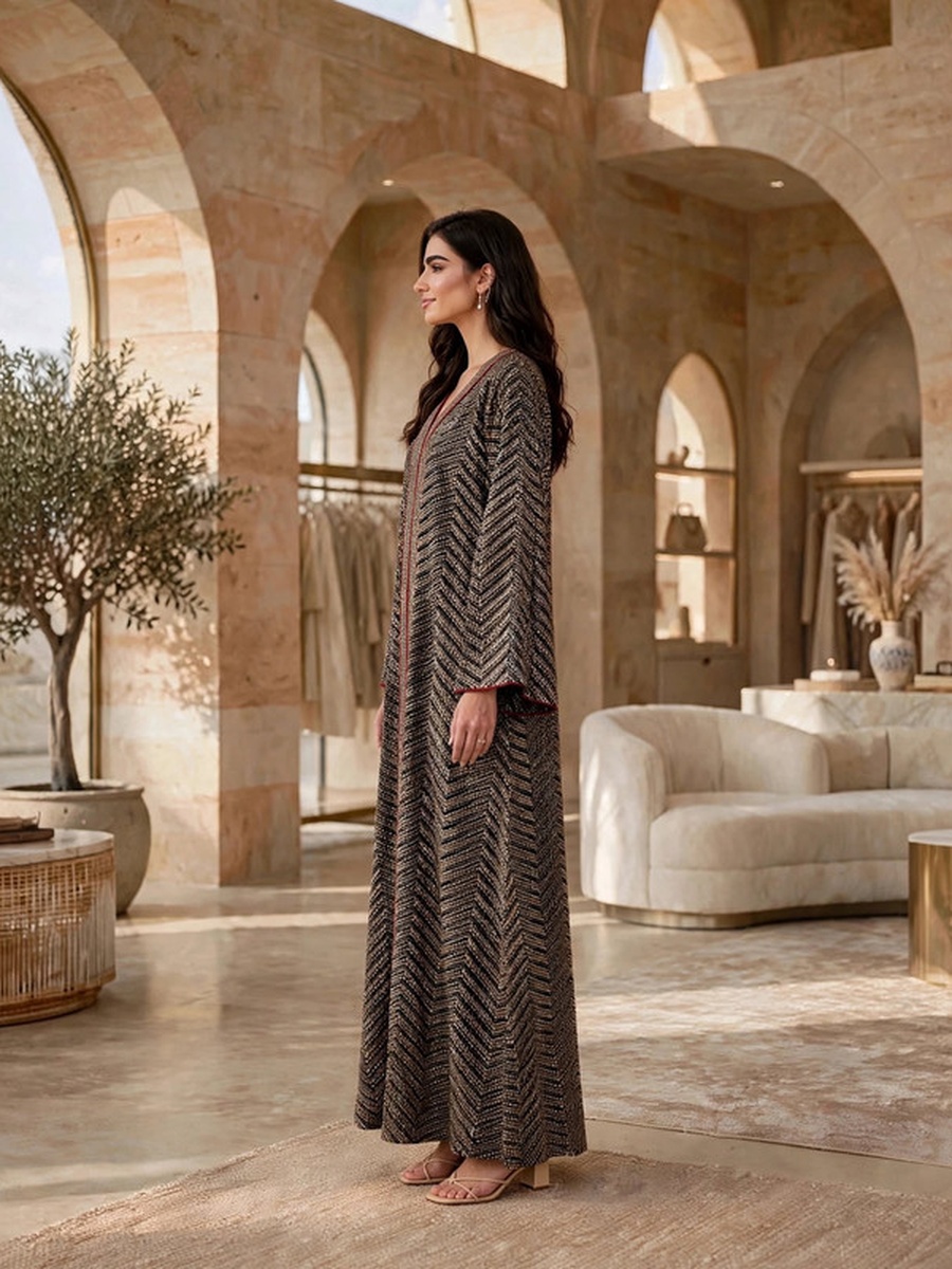 Sequined Textured V Neck Jalabiya