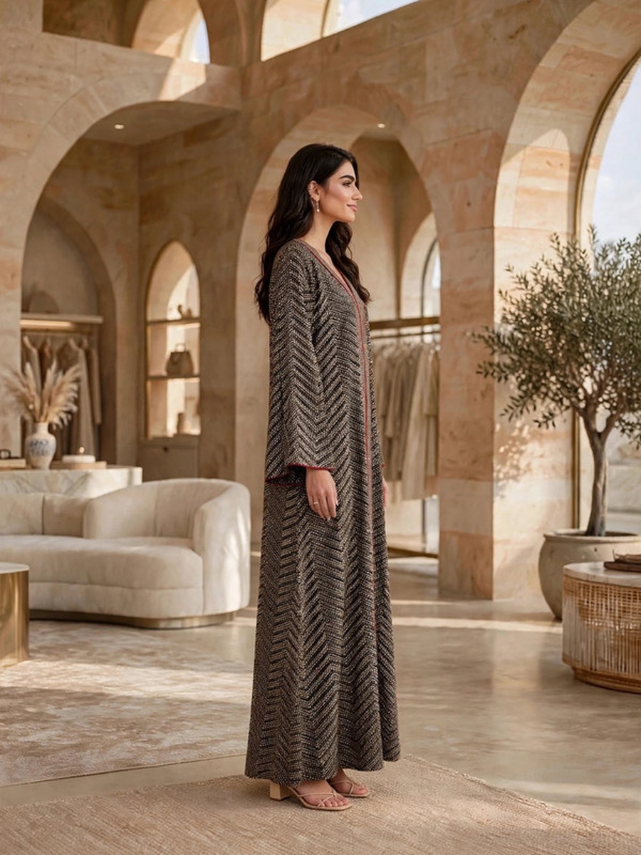 Sequined Textured V Neck Jalabiya