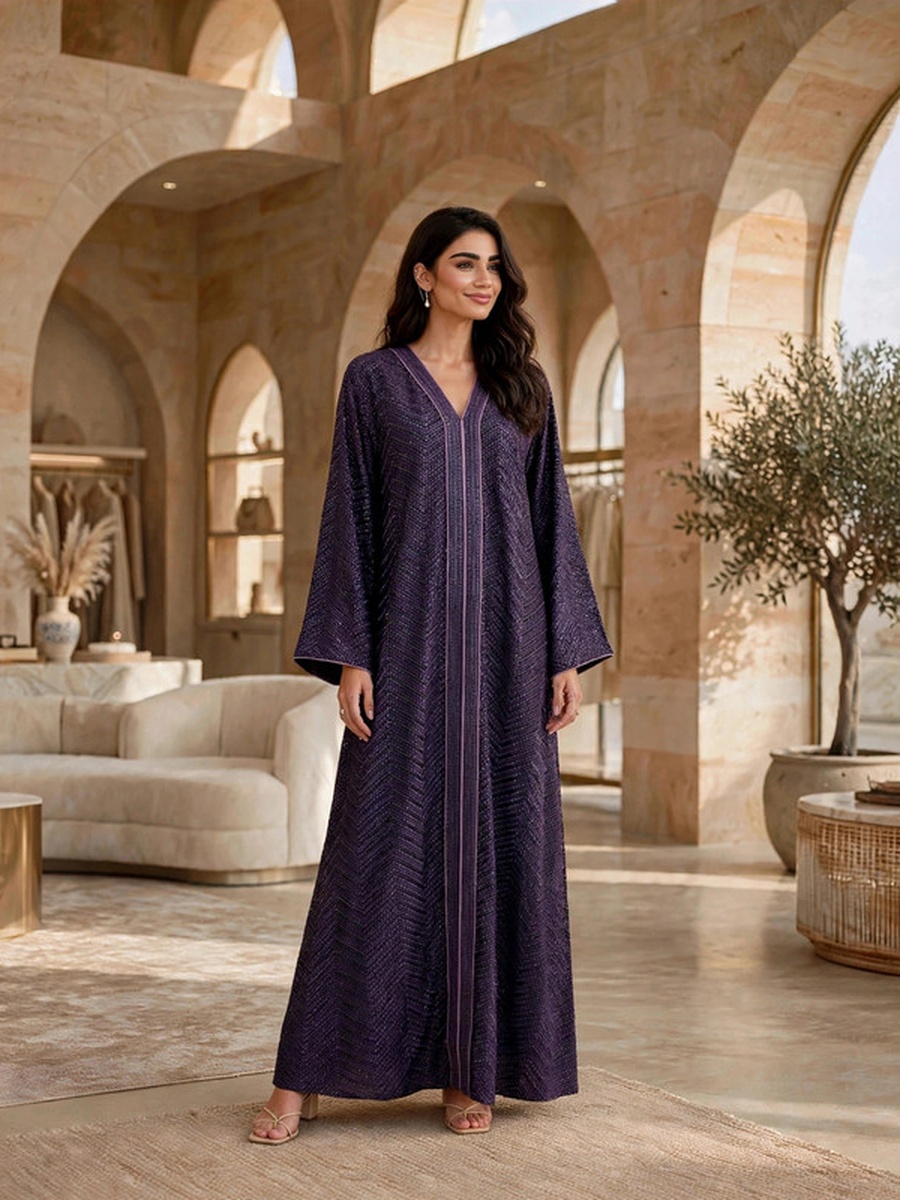 Sequined Textured V Neck Jalabiya