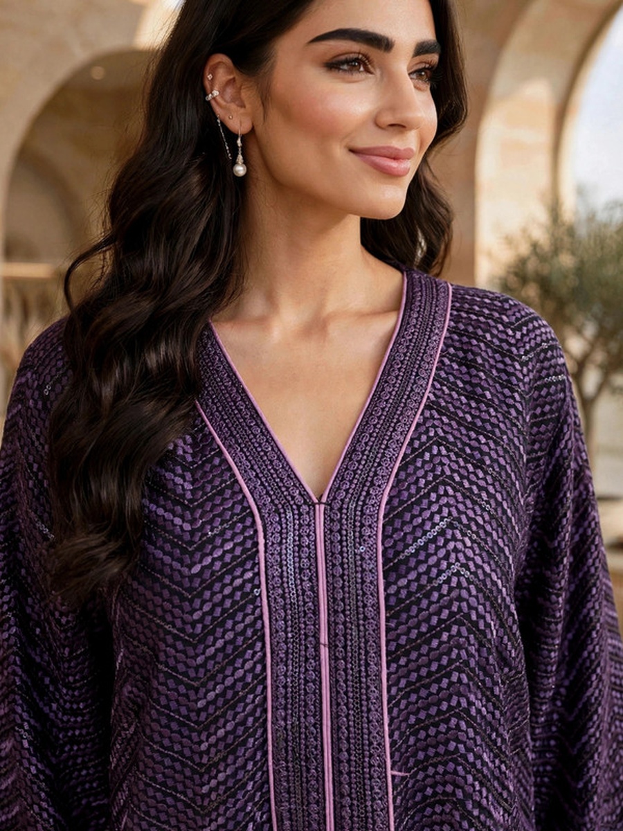 Sequined Textured V Neck Jalabiya