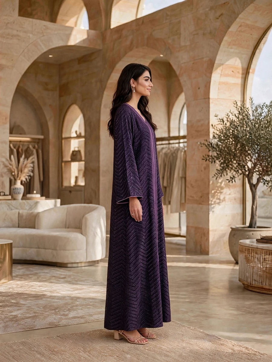 Sequined Textured V Neck Jalabiya