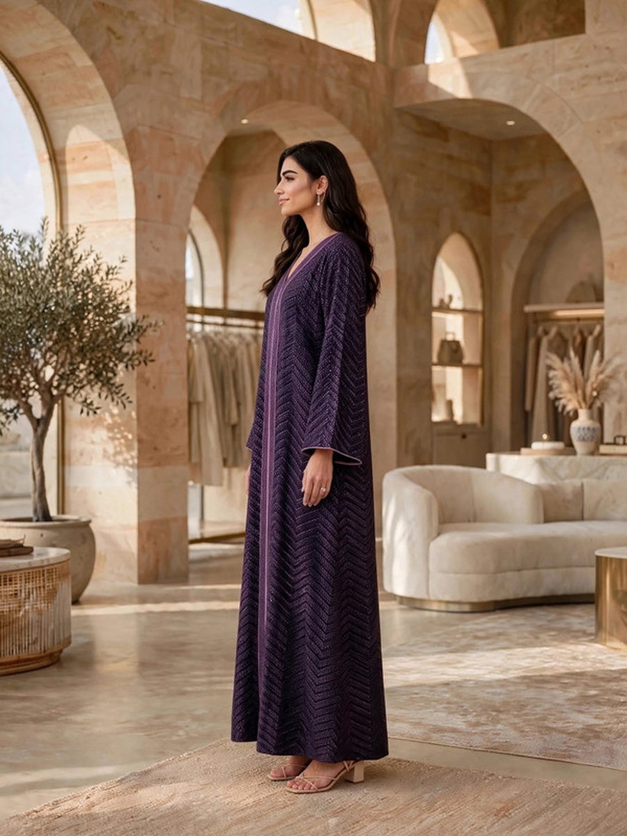 Sequined Textured V Neck Jalabiya