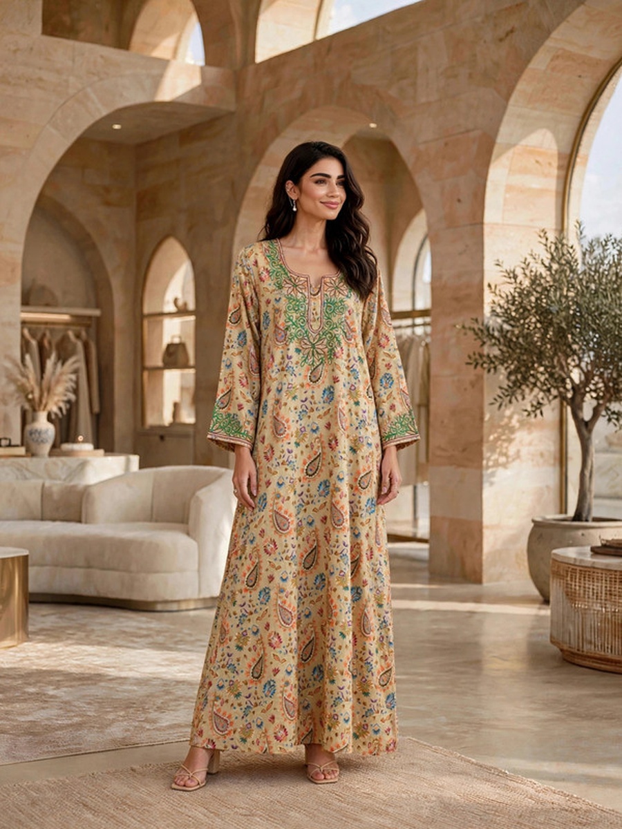 Paisley Print Embroidered Yoke Jalabiya