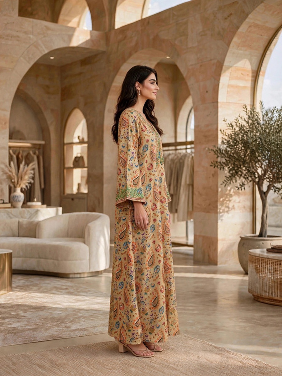 Paisley Print Embroidered Yoke Jalabiya