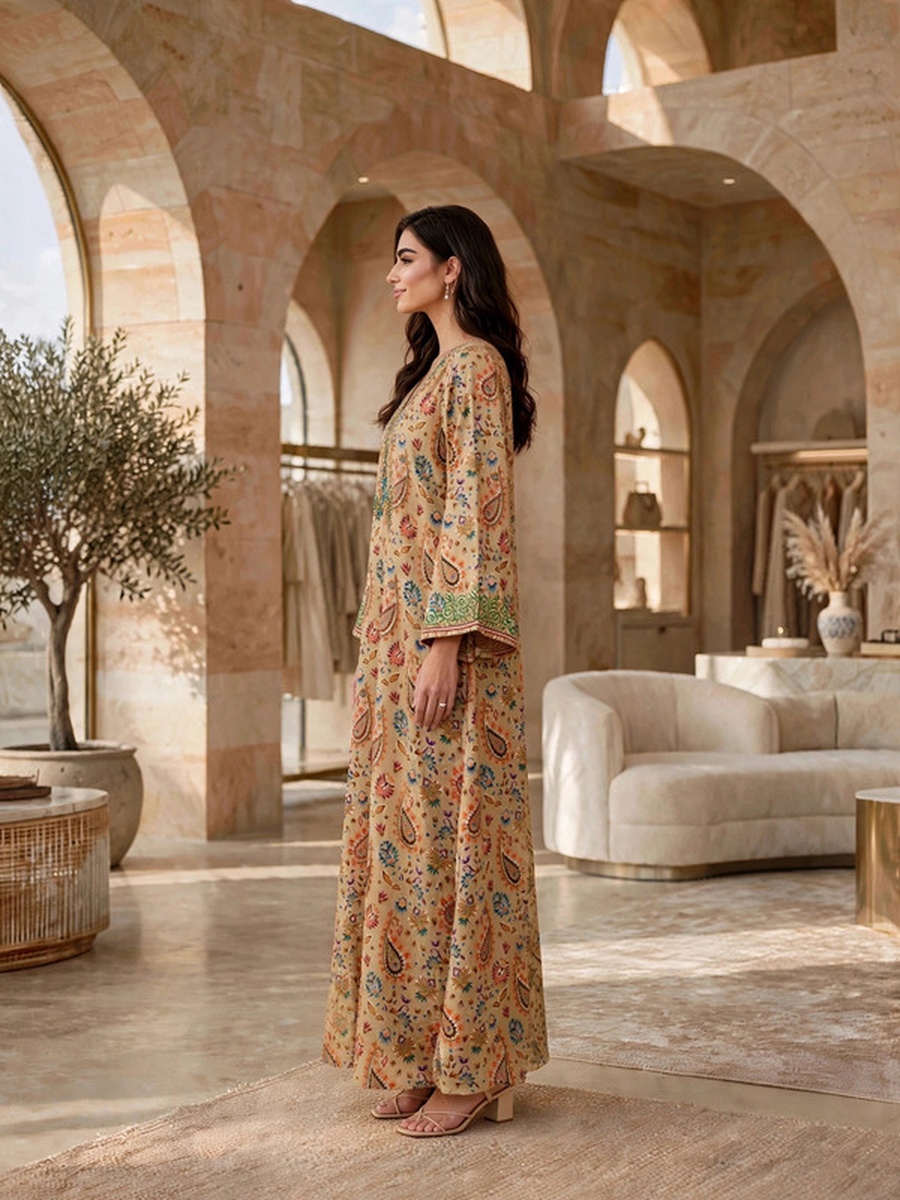 Paisley Print Embroidered Yoke Jalabiya