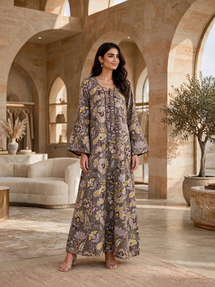 Premium Printed Embellished Placket Wide Sleeve Flared Jalabiya