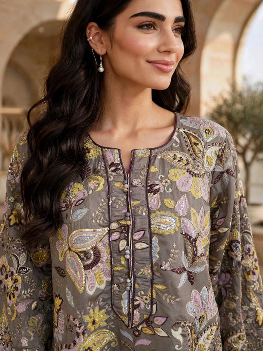 Premium Printed Embellished Placket Wide Sleeve Flared Jalabiya