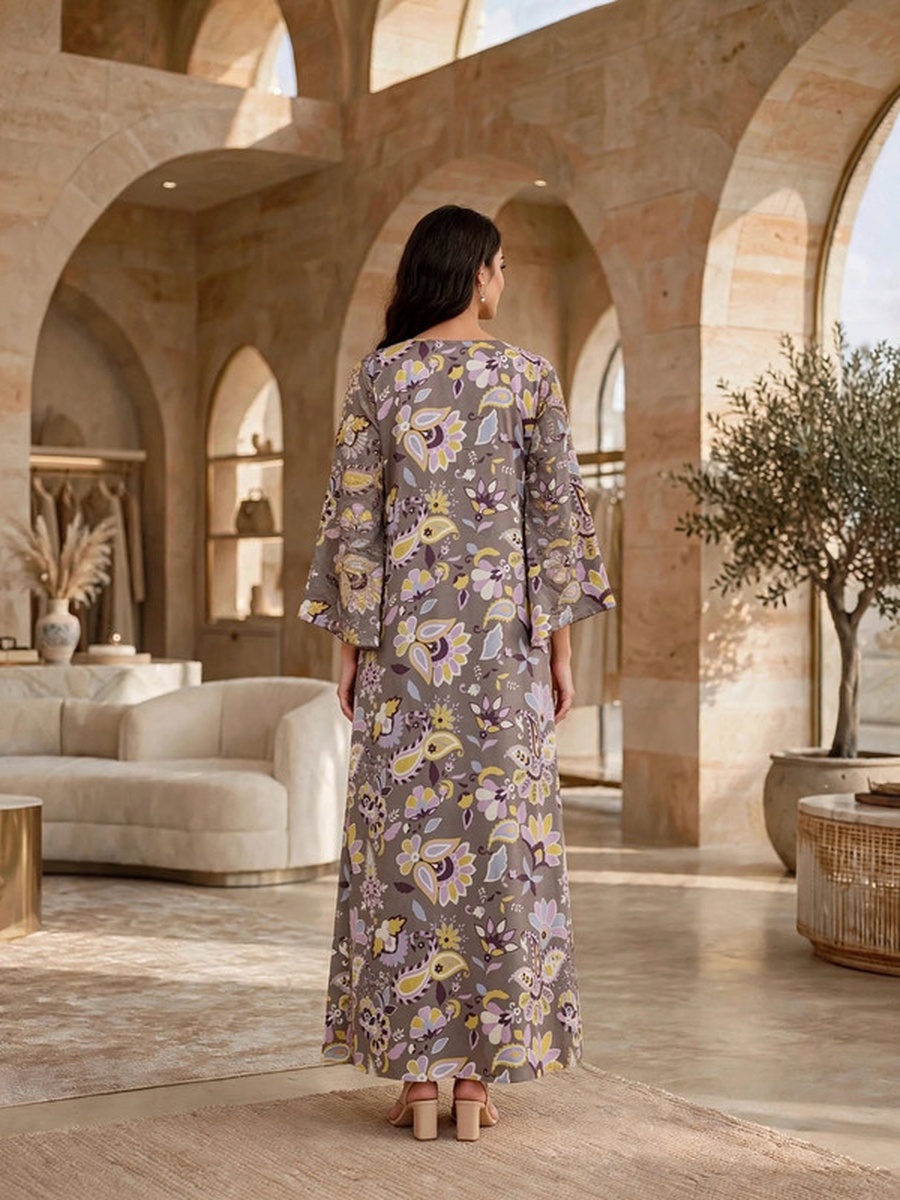 Premium Printed Embellished Placket Wide Sleeve Flared Jalabiya