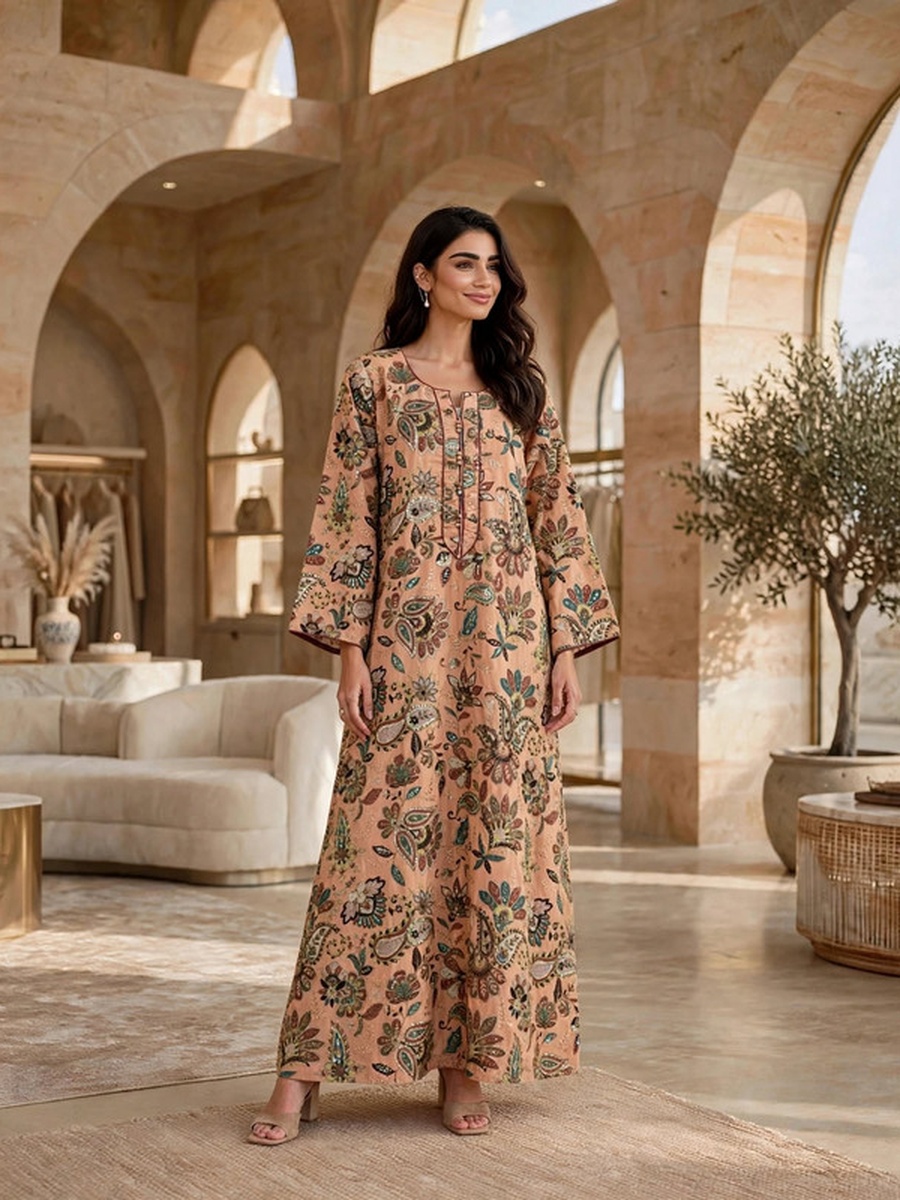 Premium Printed Embellished Placket Wide Sleeve Flared Jalabiya