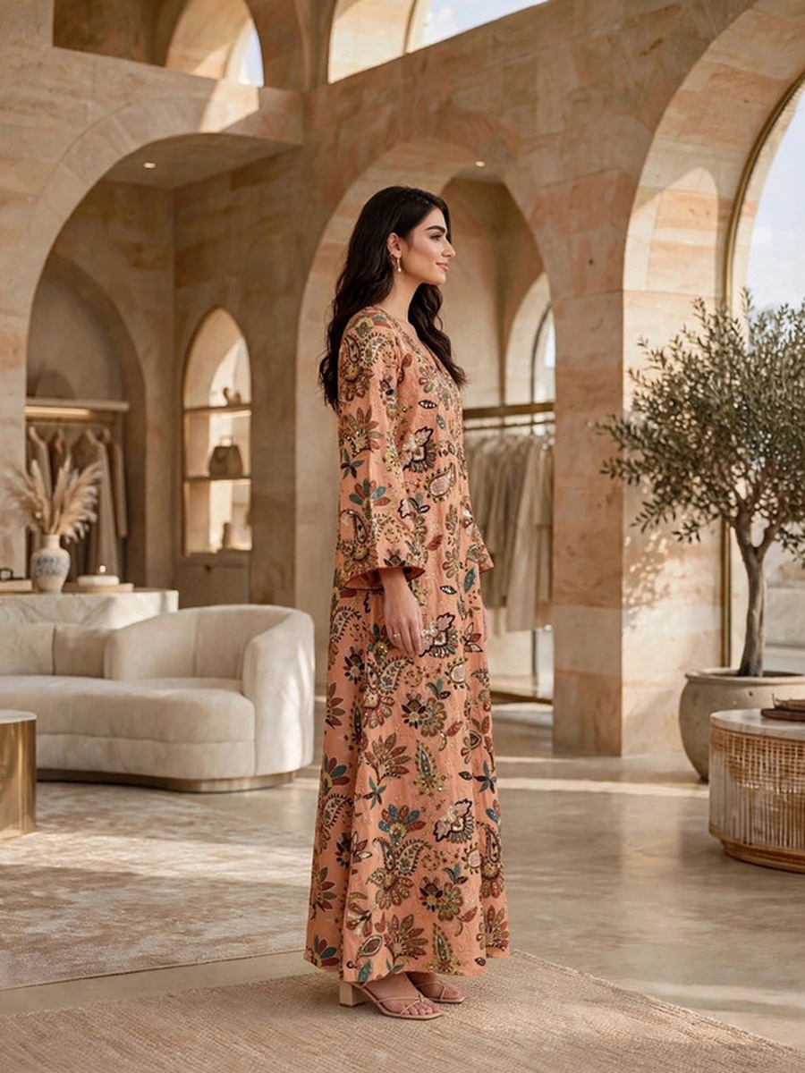 Premium Printed Embellished Placket Wide Sleeve Flared Jalabiya