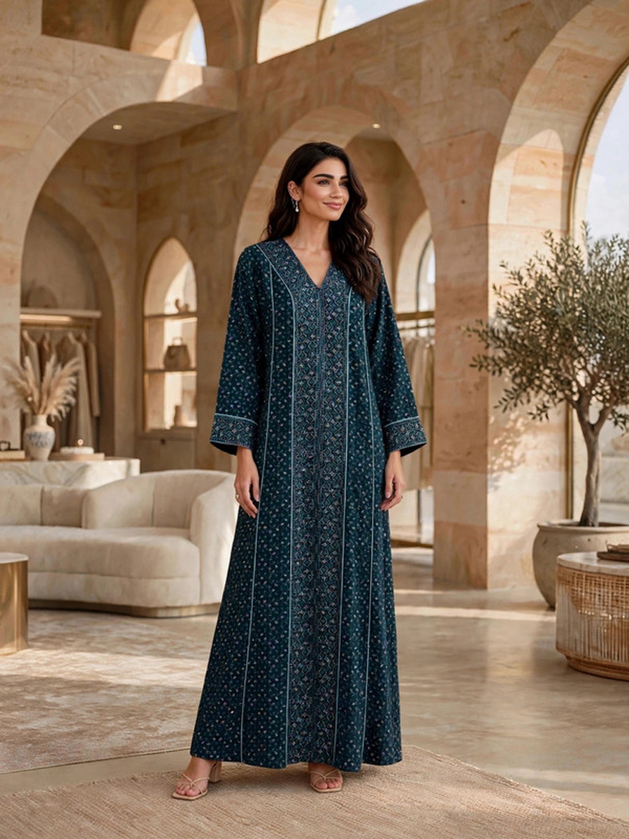 Sequined Textured V Neck Jalabiya