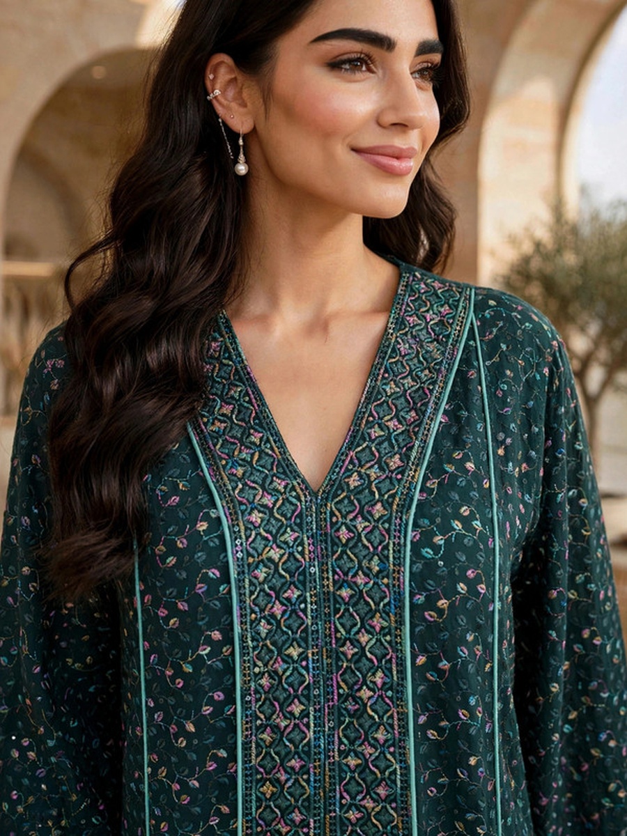 Sequined Textured V Neck Jalabiya