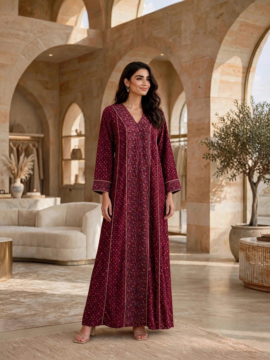 Sequined Textured V Neck Jalabiya
