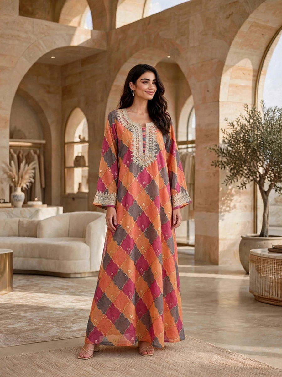 Diamond Check Printed Embroidered Yoke Jalabiya