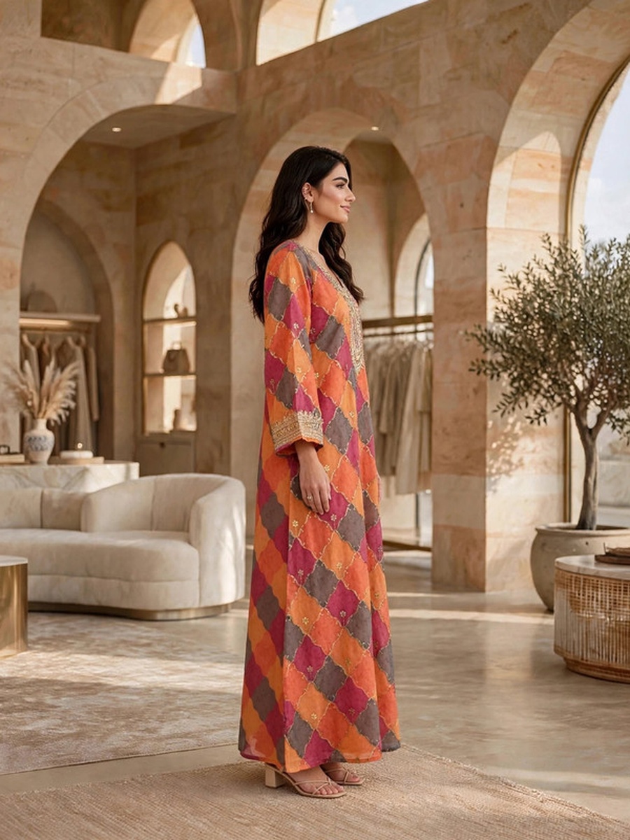 Diamond Check Printed Embroidered Yoke Jalabiya