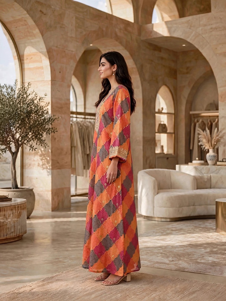 Diamond Check Printed Embroidered Yoke Jalabiya
