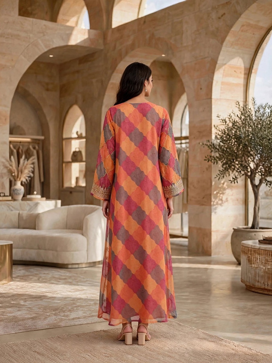 Diamond Check Printed Embroidered Yoke Jalabiya