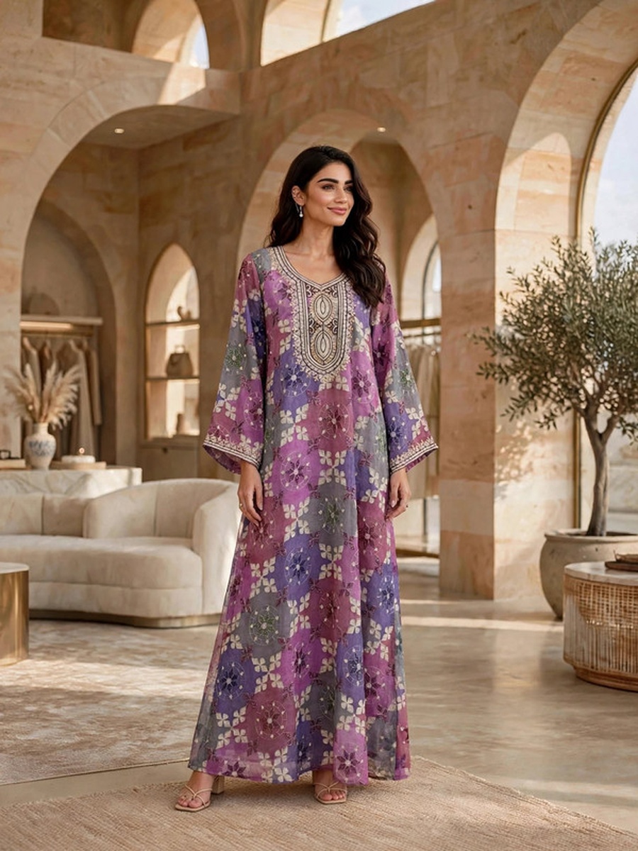 Floral Geometric Print Embroidered Yoke Jalabiya