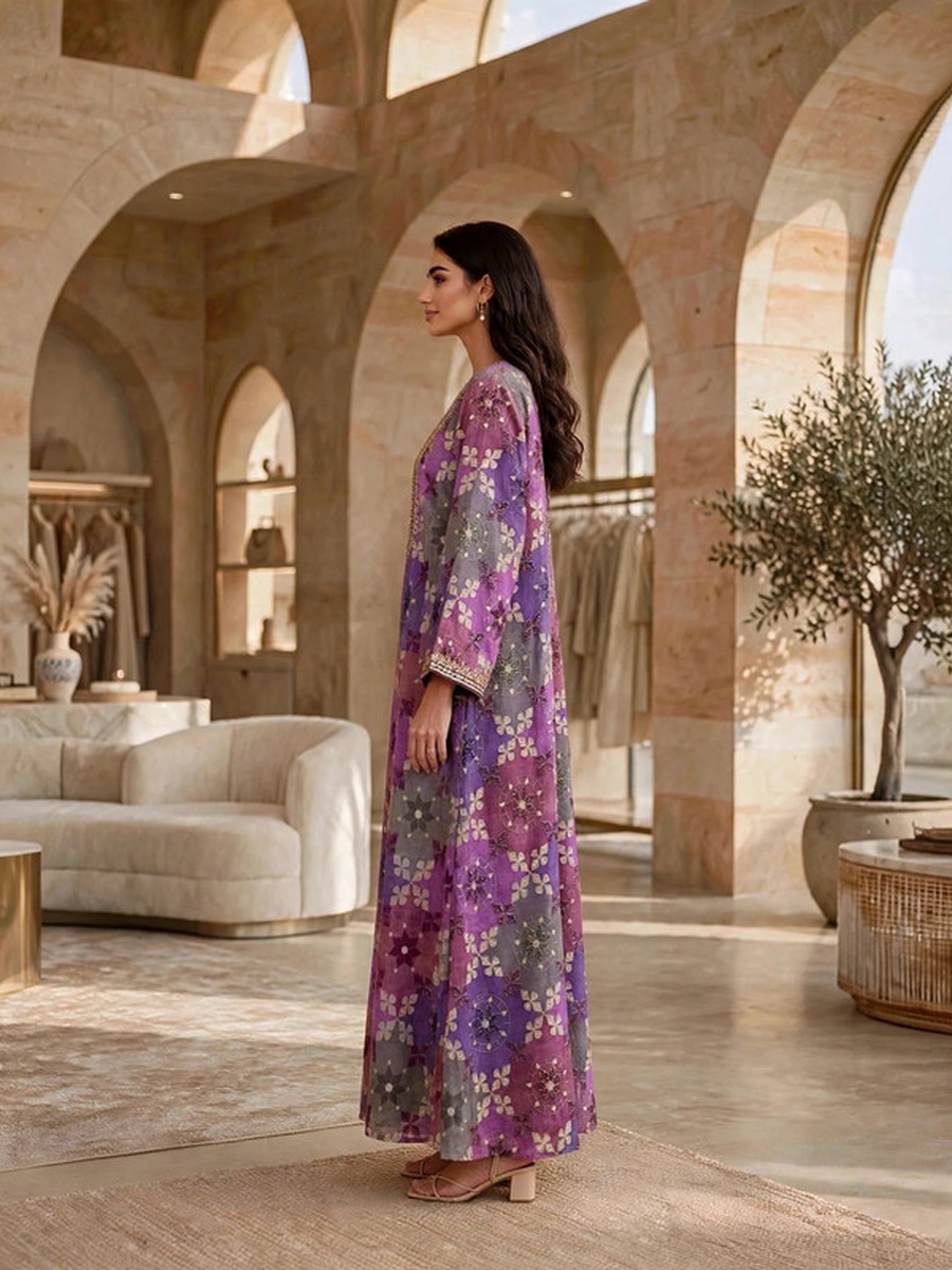 Floral Geometric Print Embroidered Yoke Jalabiya