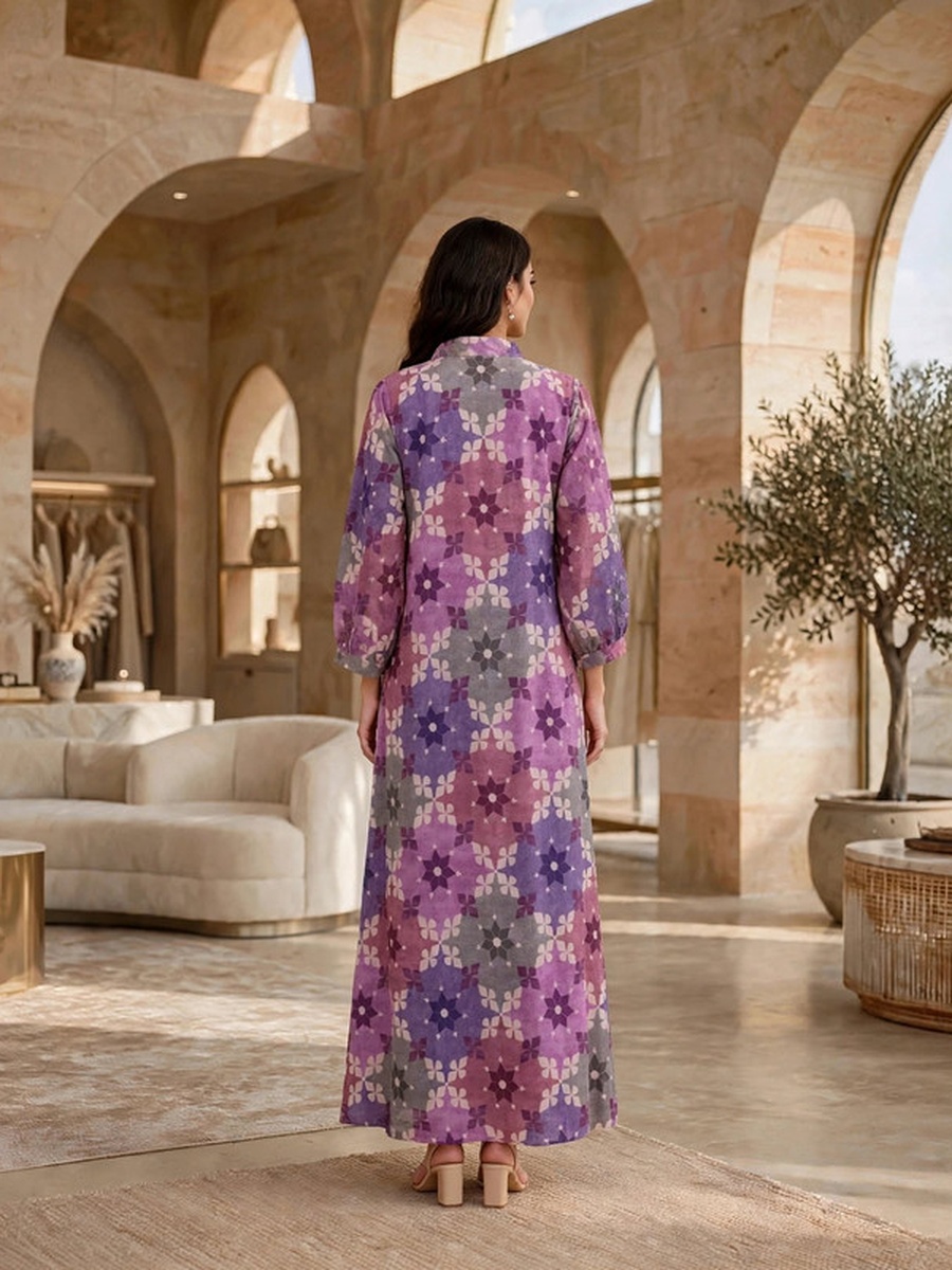 Floral Geometric Print Embroidered Yoke Jalabiya