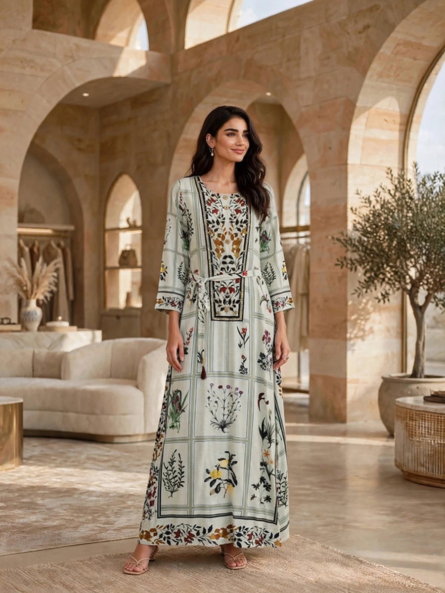 Floral Printed Jalabiya with Tassel Belt