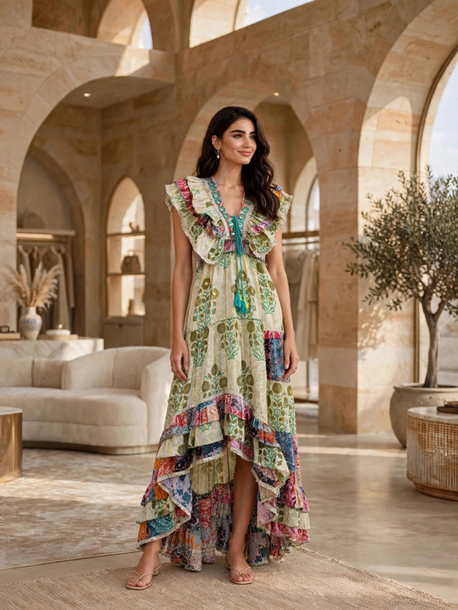 Bohemian Floral Print Flutter Sleeve Tiered High-Low Dress