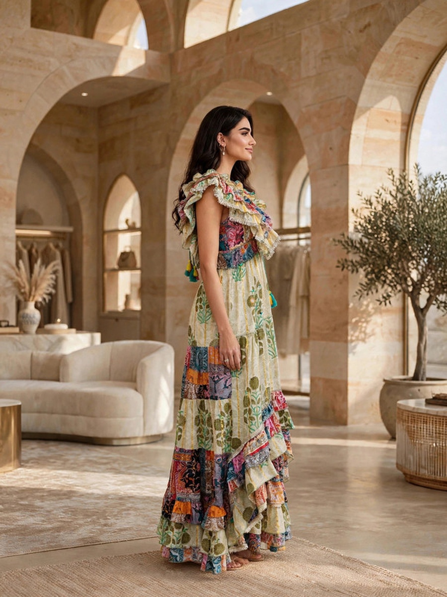 Bohemian Floral Print Flutter Sleeve Tiered High-Low Dress