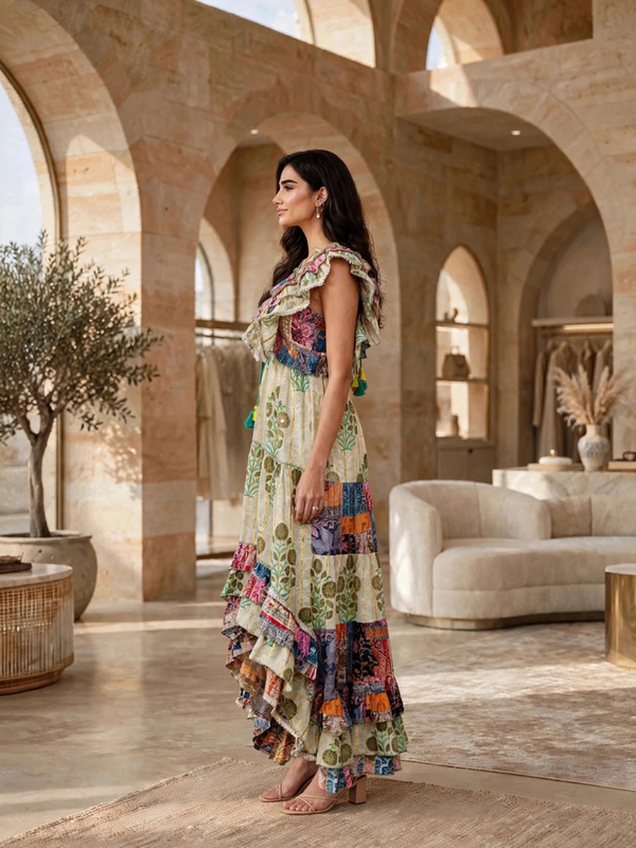 Bohemian Floral Print Flutter Sleeve Tiered High-Low Dress