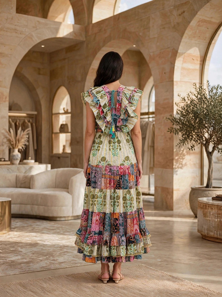 Bohemian Floral Print Flutter Sleeve Tiered High-Low Dress