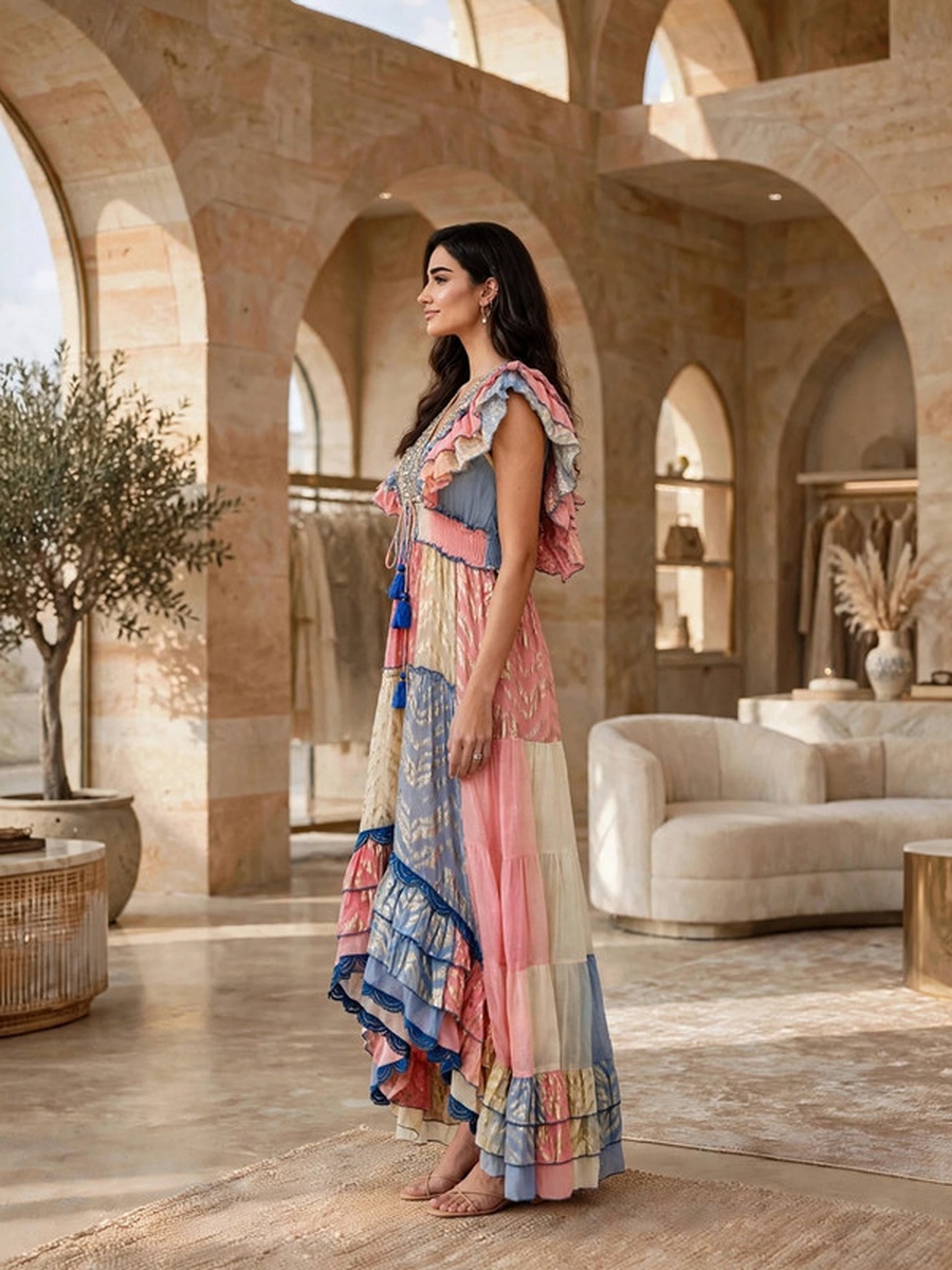 Metallic Lurex Ruffled High-Low Maxi Dress